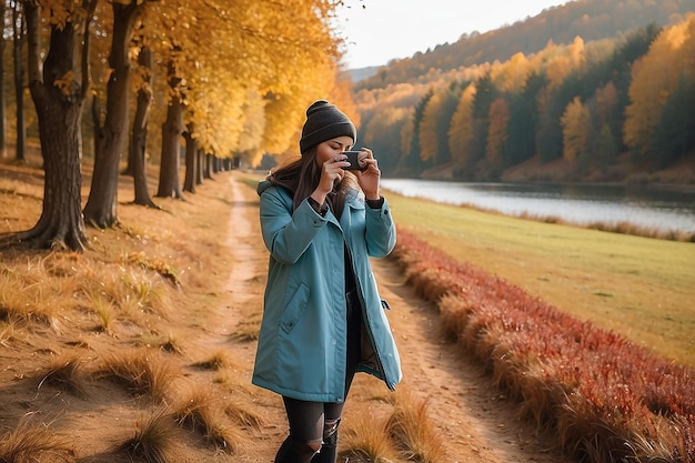 Photo young woman taking a photo of autumn landscape with mobile phone