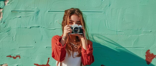 Photo young woman taking a photo in front of a green wall