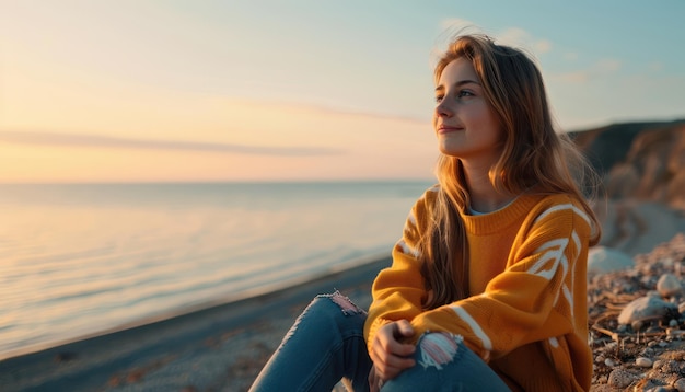 Young Woman Taking a Relaxing Break on the Coast at Sunset Enjoying the Scenic Views and Tranquil