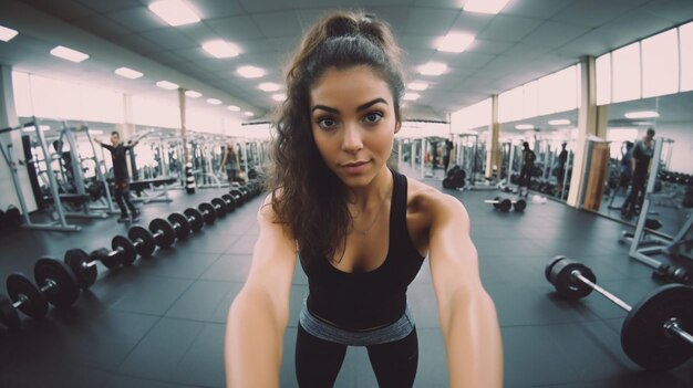 Young Woman Taking Selfie in a Busy Gym