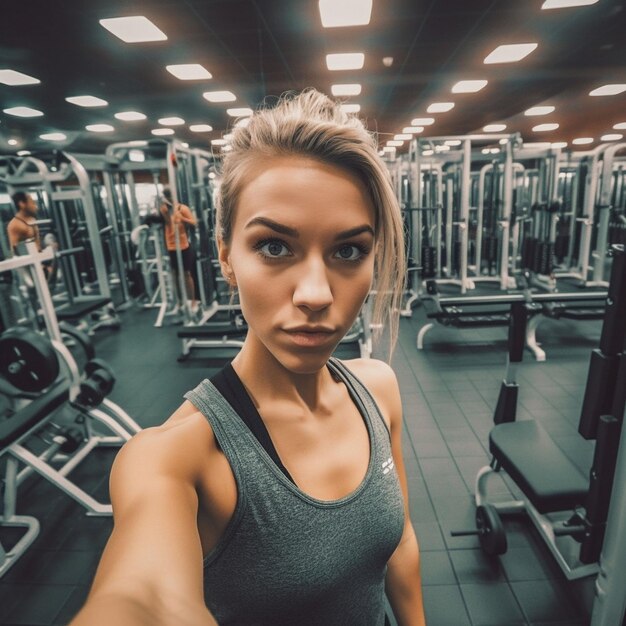 Young woman taking a selfie in a modern gym with workout equipment at midday