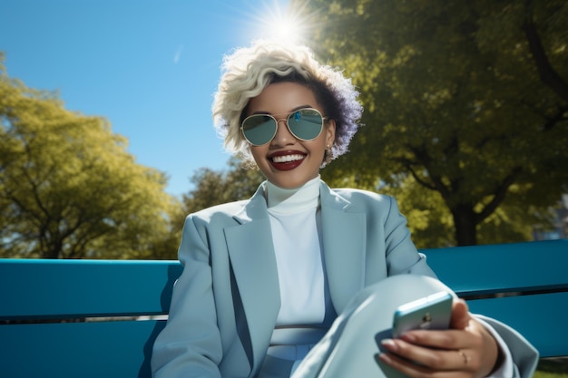 young woman taking selfie with mobile phone while sitting on park bench