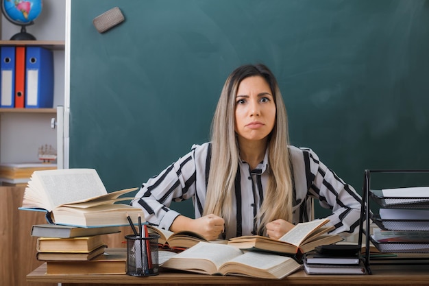 young woman teacher sitting at school desk in front of blackboard in classroom with books clenching fists looking at camera angry and frustrated