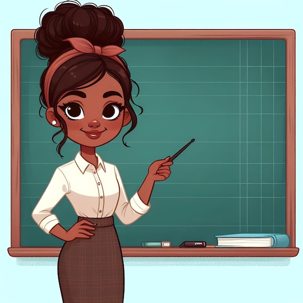 Young woman teacher standing and pointing to the blackboard cartoon character illustration