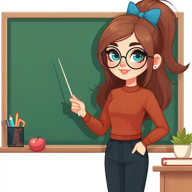 Young woman teacher standing and pointing to the blackboard cartoon character illustration