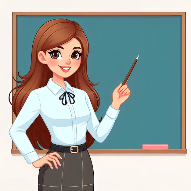 Young woman teacher standing and pointing to the blackboard cartoon character illustration