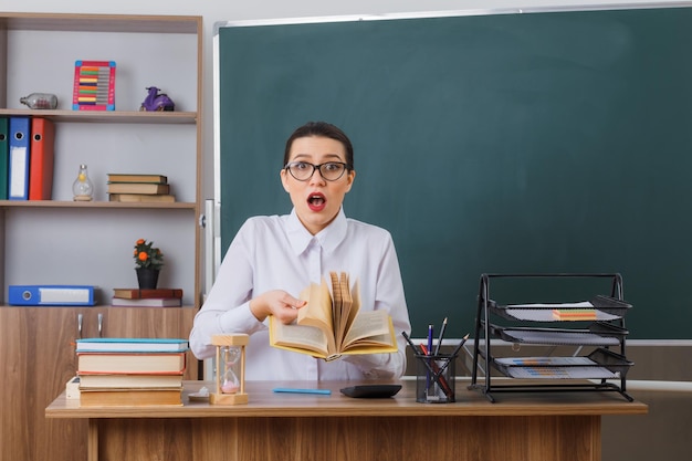 Young woman teacher wearing glasses sitting at school desk with book in front of blackboard in classroom explaining lesson looking surprised and amazed