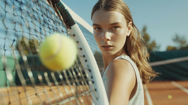 Young woman in tennis attire holding racket hitting ball through net on grass court