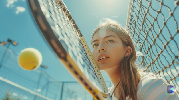 Young woman in tennis outfit hitting ball over net with racket on sunny outdoor court