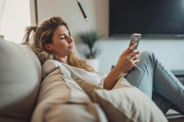 Young woman text messaging on cell phone at home Profile view of young woman reading a text message