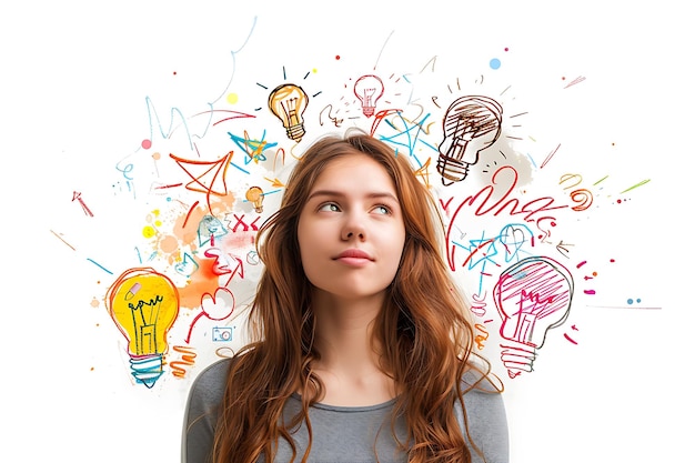 Young Woman Thinking with Light Bulbs and colorful Doodles