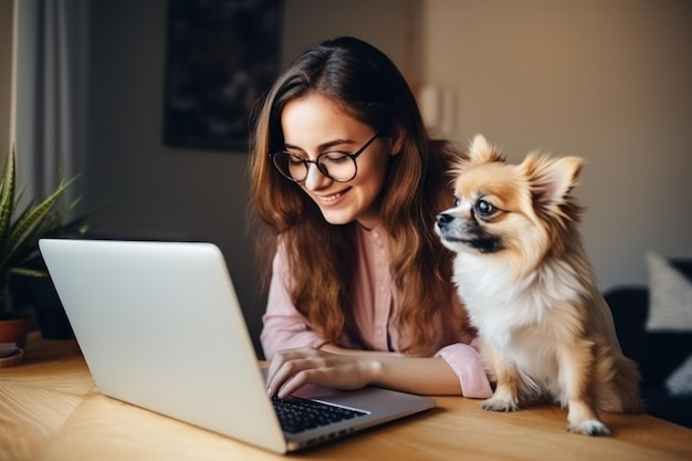 Young woman thrives in her indoor work environment accompanied by her cute dog and tech tools