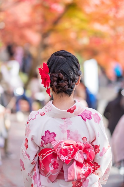 Young woman tourist wearing kimono enjoying with colorful leaves in Kiyomizu dera temple, Kyoto, Japan. Asian girl with hair style in traditional Japanese clothes in Autumn foliage season