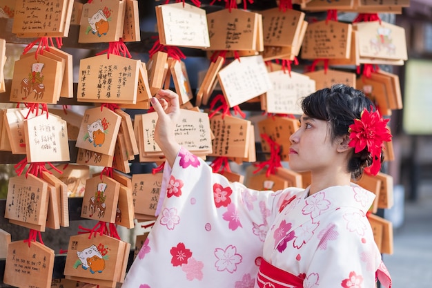 Young woman tourist wearing kimono in Kiyomizu dera temple, Kyoto, Japan. Asian girl with hair style in traditional Japanese clothes in Autumn foliage season