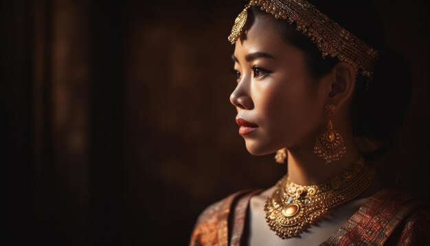 Young woman in traditional clothing exudes elegance generated by AI