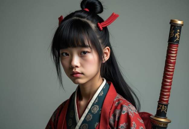 A young woman in traditional Japanese clothing with a sword