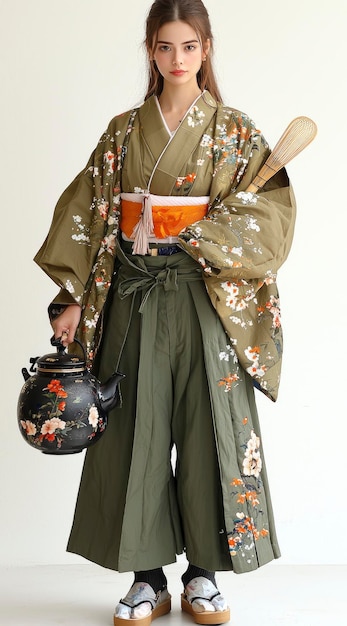 Photo young woman in traditional japanese kimono with floral pattern and wideleg trousers