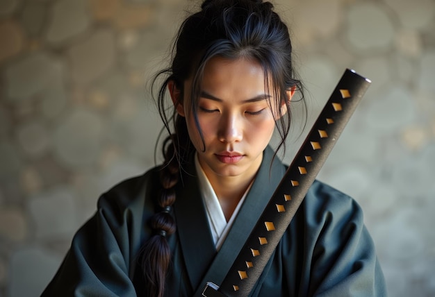 A young woman in a traditional Japanese warrior outfit holding a katana