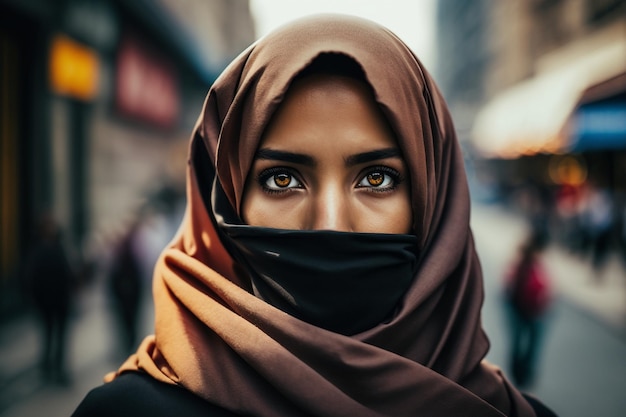 Young woman in traditional Muslim hijab portrait closeup with her face covered on a city street among a crowd of people colorful hijab headscarf Generative AI