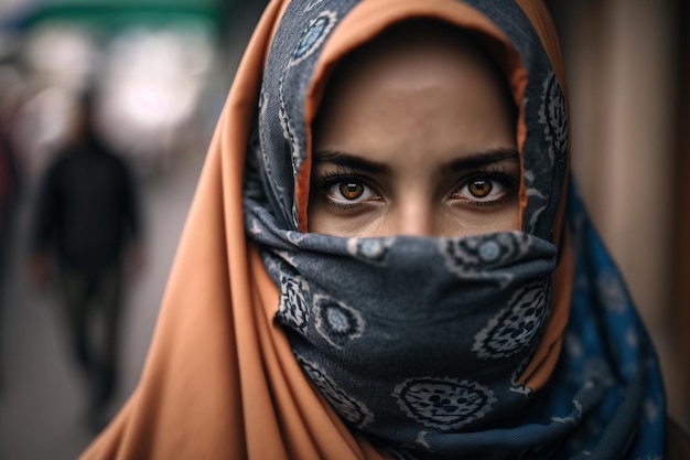 Young woman in traditional Muslim hijab portrait closeup with her face covered on a city street among a crowd of people colorful hijab headscarf Generative AI