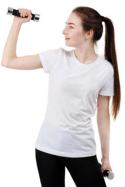 Young  woman training white background