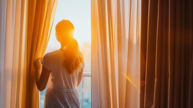 Young woman traveler opening the curtains and looking at the view from the window of Generative AI