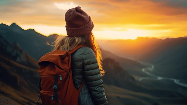 Young woman traveler taking photo with smartphone at sea of mist and sunrise over the mountain