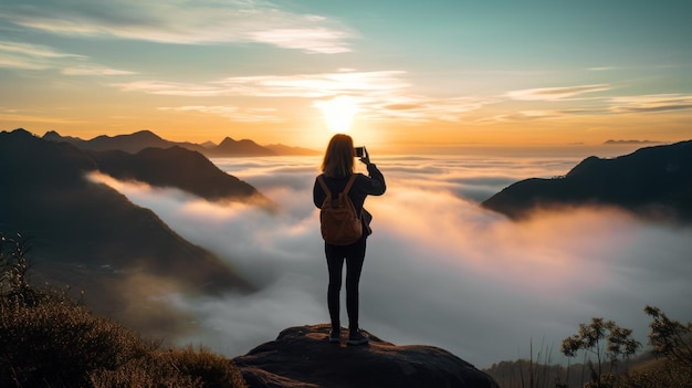 Young woman traveler taking photo with smartphone at sea of mist and sunrise over the mountain