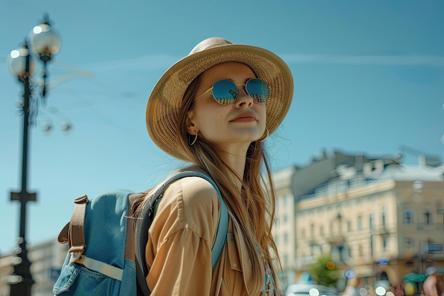 Photo young woman traveling without covid in the city