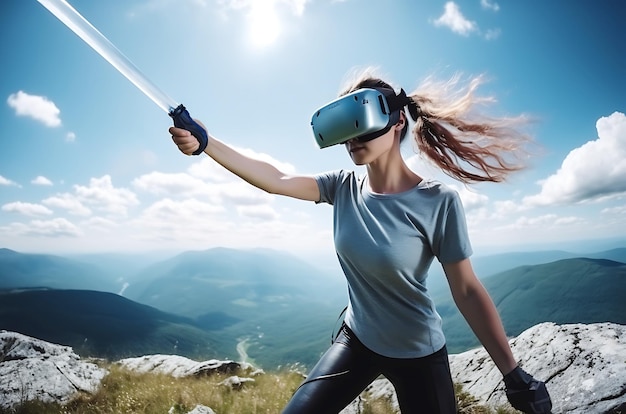 A young woman in a Tshirt pants and VR glasses fights in a virtual game with a sword in her hands