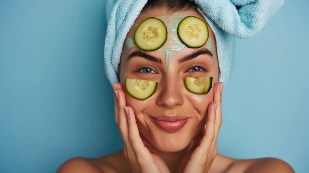 Photo young woman using cucumber slices and beauty mask for skin care