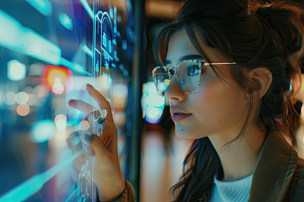 Young Woman Using Digital Touch Screen at Shopping Mall with AR and AI