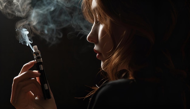 Photo young woman using electronic cigarette on black background closeup