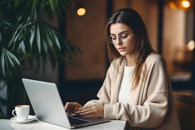 Young woman using laptop computer at office Student girl working at home Work or study from home