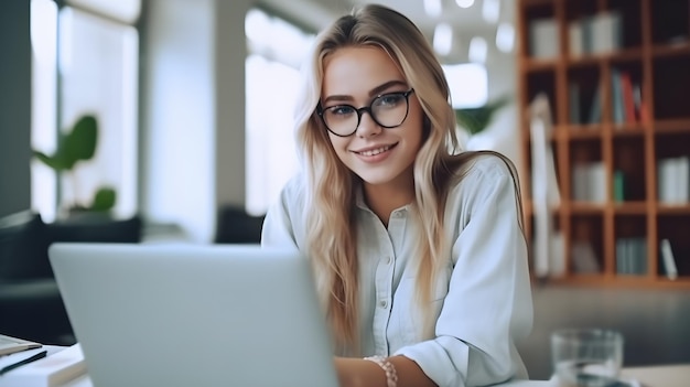 Young woman using laptop in office