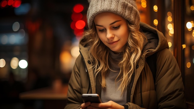 Young woman using mobile phone in cafe Blonde girl texting on smartphonegenerative ai