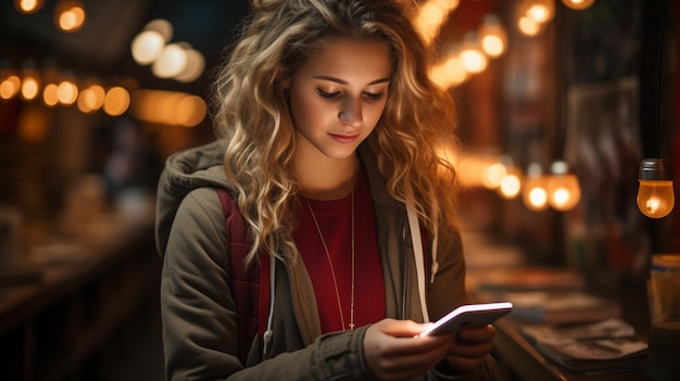 Young woman using mobile phone in cafe Blonde girl texting on smartphonegenerative ai