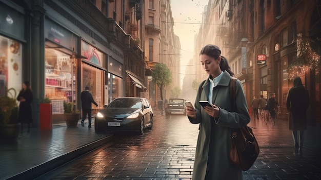 Young woman using mobile phone on the street in the evening 3d rendering