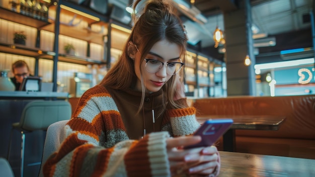 Young woman using a smartphone in a cafe