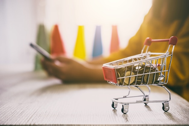 Young woman using smartphone for online shopping website and pay by credit card