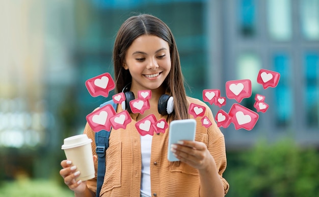 Young Woman Using Smartphone With Social Media Icons Surrounding Her