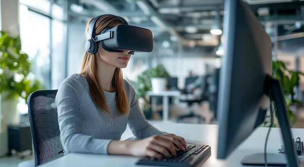 Photo young woman using virtual reality headset in modern office environment with greenery