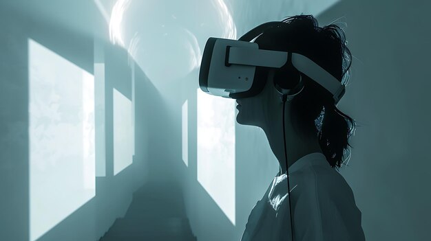 Young woman using a virtual reality headset She is standing in a bright room with white walls