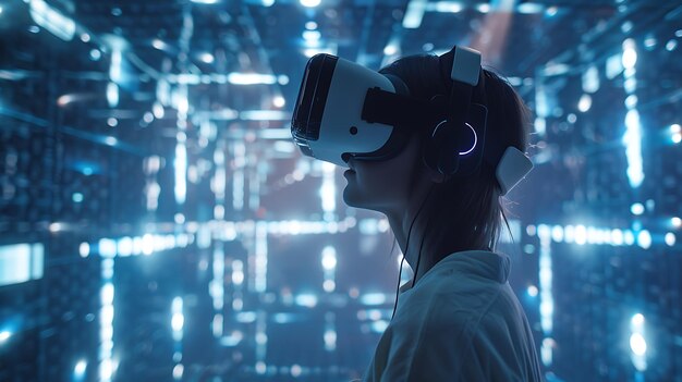 Young woman using a VR headset She is in a virtual world surrounded by blue lights