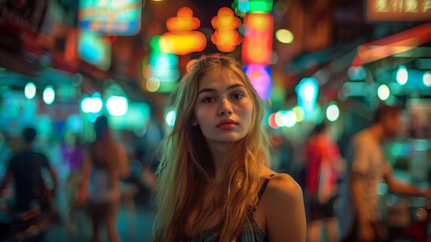 Young Woman in Vibrant City Night Scene with Neon Lights