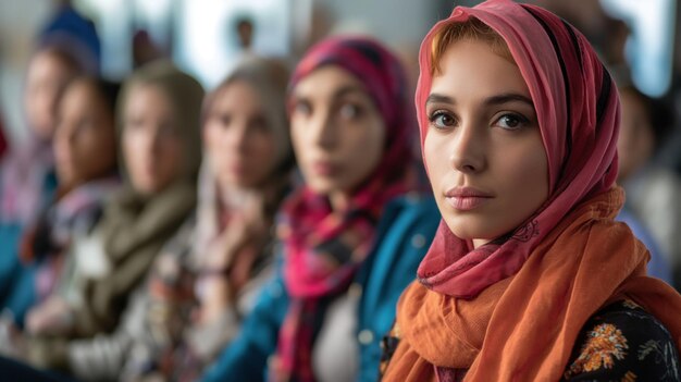 A young woman in a vibrant headscarf focuses on the speaker at a community event Surrounding her are other attendees showcasing a blend of cultures and engaging expressions