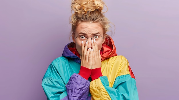 Young woman in vibrant jacket hiding mouth with hands