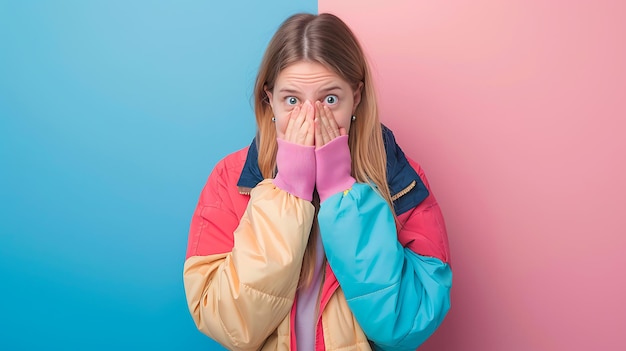 Photo young woman in vibrant jacket hiding mouth with hands