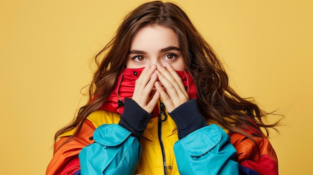 Photo young woman in vibrant jacket hiding mouth with hands