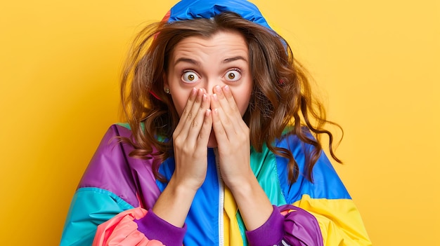 Young woman in vibrant jacket hiding mouth with hands